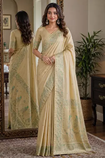 Cream soft silk blend banarasi jacuard work festive saree with unstitched blouse piece