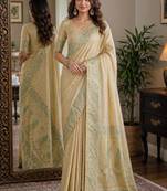 Cream soft silk blend banarasi jacuard work festive saree with unstitched blouse piece