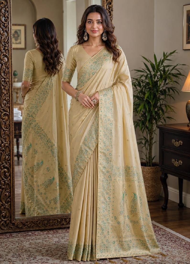 Cream soft silk blend banarasi jacuard work festive saree with unstitched blouse piece