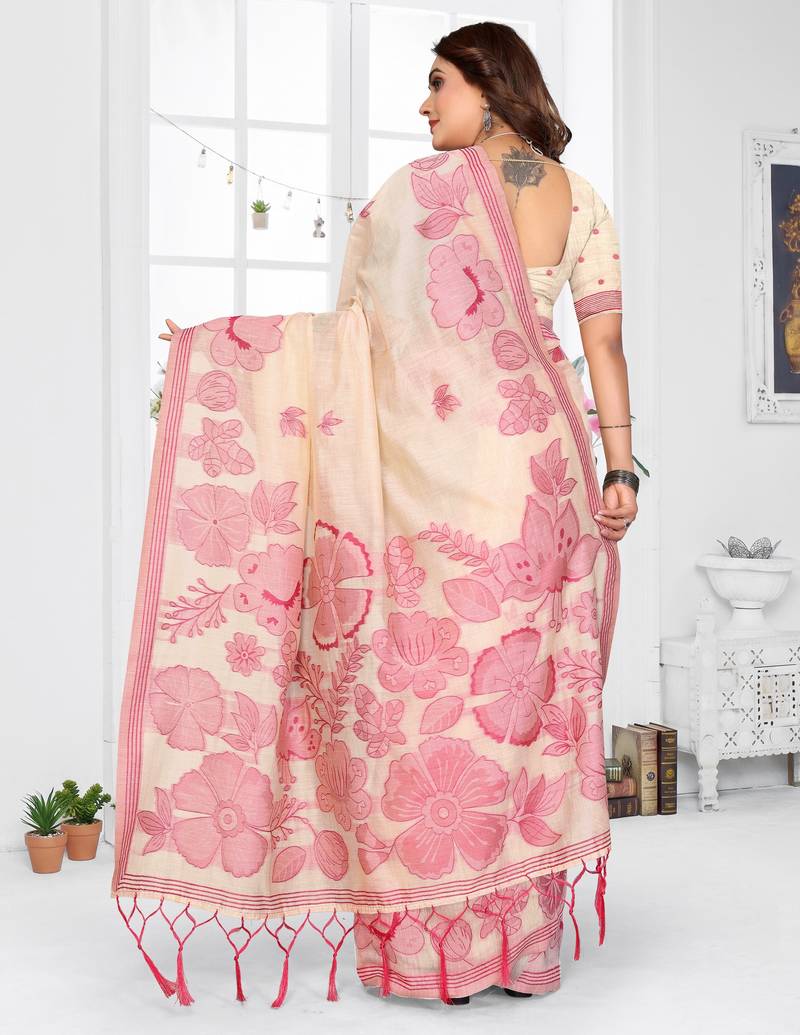 yellow color smart spun cotton blend fabric woven designer saree