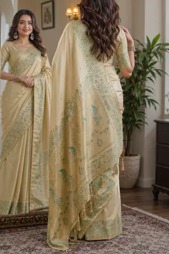Cream soft silk blend banarasi jacuard work festive saree with unstitched blouse piece