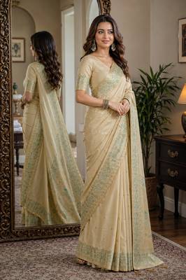 Cream soft silk blend banarasi jacuard work festive saree with unstitched blouse piece 4