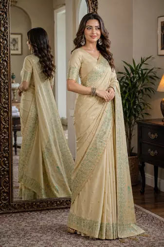 Cream soft silk blend banarasi jacuard work festive saree with unstitched blouse piece