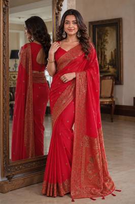 Red soft silk blend banarasi jacuard work festive saree with unstitched blouse piece 1