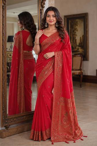 Red soft silk blend banarasi jacuard work festive saree with unstitched blouse piece