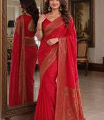 Red soft silk blend banarasi jacuard work festive saree with unstitched blouse piece