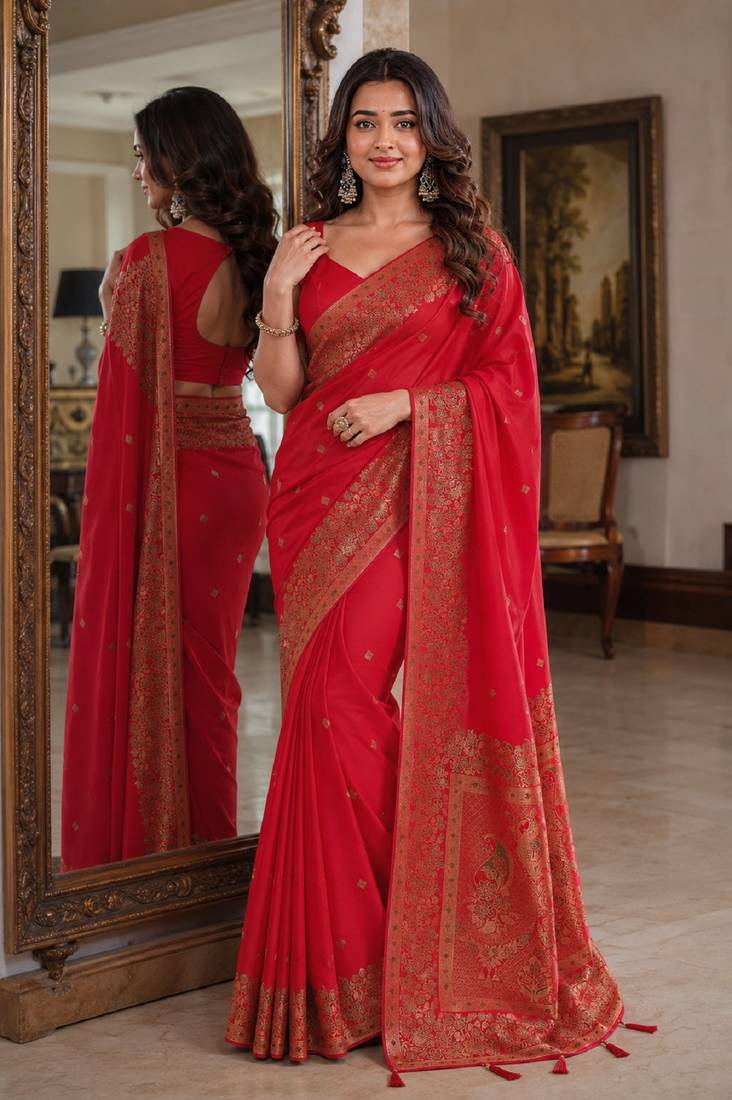 Red soft silk blend banarasi jacuard work festive saree with unstitched blouse piece