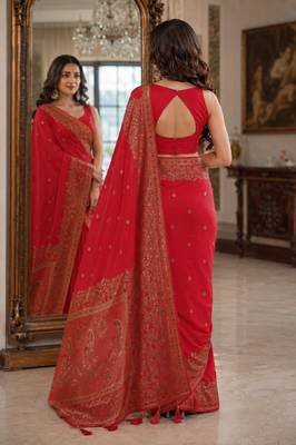 Red soft silk blend banarasi jacuard work festive saree with unstitched blouse piece 3