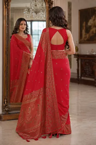 Red soft silk blend banarasi jacuard work festive saree with unstitched blouse piece