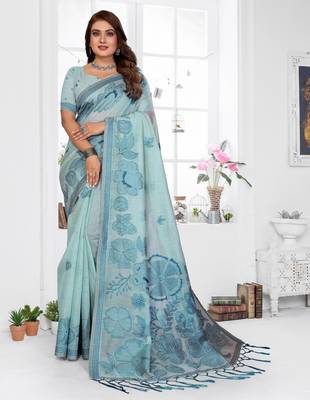 sea green color smart spun cotton blend fabric woven designer saree 1