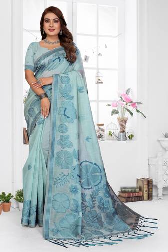sea green color smart spun cotton blend fabric woven designer saree