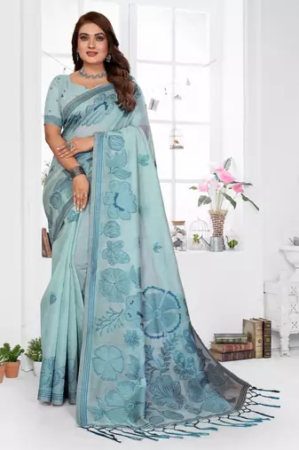 sea green color smart spun cotton blend fabric woven designer saree