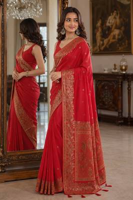 Red soft silk blend banarasi jacuard work festive saree with unstitched blouse piece 4