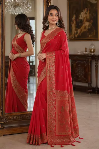 Red soft silk blend banarasi jacuard work festive saree with unstitched blouse piece