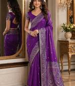 Purple soft silk blend banarasi jacuard work festive saree with unstitched blouse piece