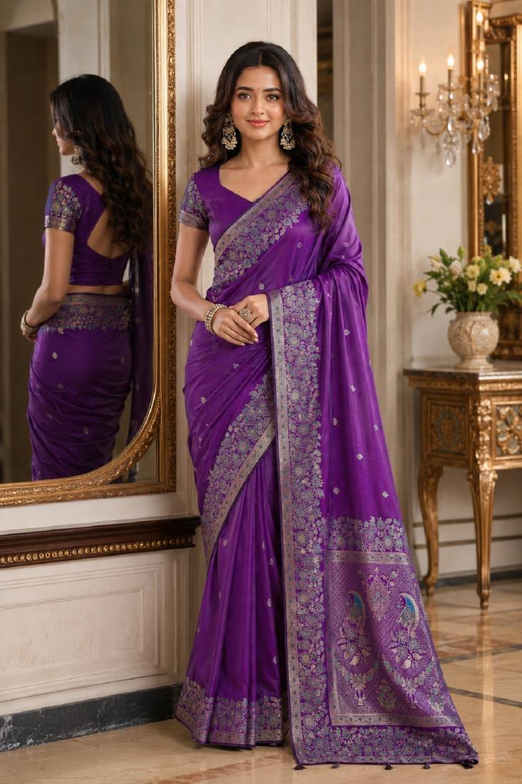 Purple soft silk blend banarasi jacuard work festive saree with unstitched blouse piece