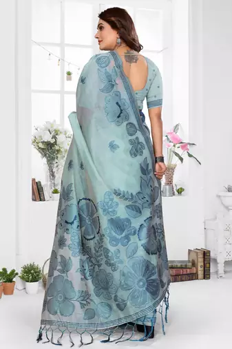 sea green color smart spun cotton blend fabric woven designer saree