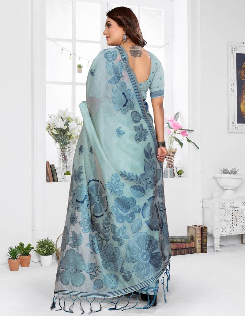 sea green color smart spun cotton blend fabric woven designer saree