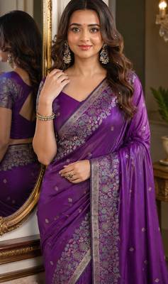 Purple soft silk blend banarasi jacuard work festive saree with unstitched blouse piece 2