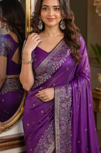 Purple soft silk blend banarasi jacuard work festive saree with unstitched blouse piece