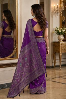 Purple soft silk blend banarasi jacuard work festive saree with unstitched blouse piece 3