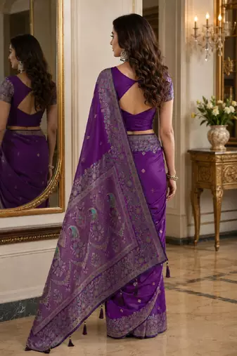 Purple soft silk blend banarasi jacuard work festive saree with unstitched blouse piece