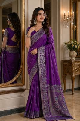 Purple soft silk blend banarasi jacuard work festive saree with unstitched blouse piece 4