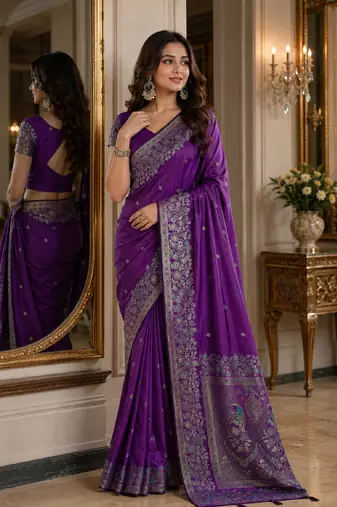 Purple soft silk blend banarasi jacuard work festive saree with unstitched blouse piece