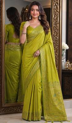 Parrot green soft silk blend banarasi jacuard work festive saree with unstitched blouse piece 1