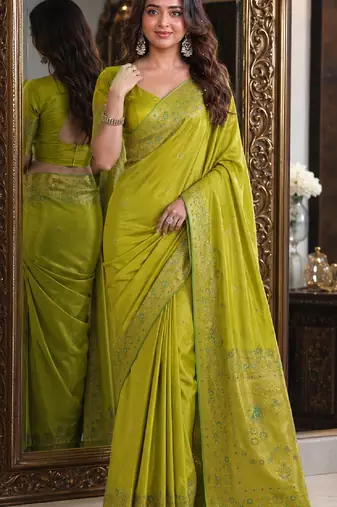 Parrot green soft silk blend banarasi jacuard work festive saree with unstitched blouse piece