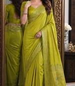Parrot green soft silk blend banarasi jacuard work festive saree with unstitched blouse piece