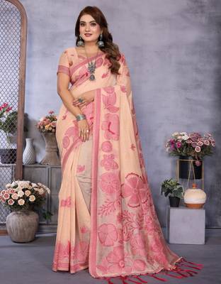 peach color smart spun cotton blend fabric woven designer saree 1