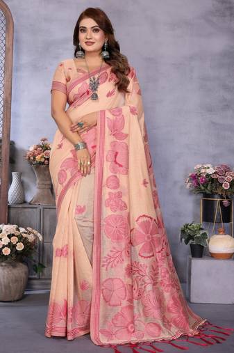 peach color smart spun cotton blend fabric woven designer saree