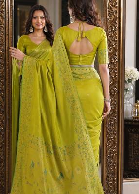 Parrot green soft silk blend banarasi jacuard work festive saree with unstitched blouse piece 3