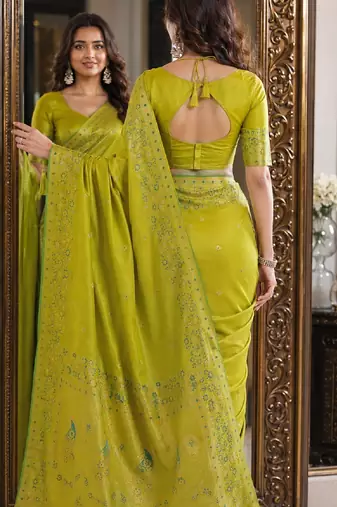 Parrot green soft silk blend banarasi jacuard work festive saree with unstitched blouse piece