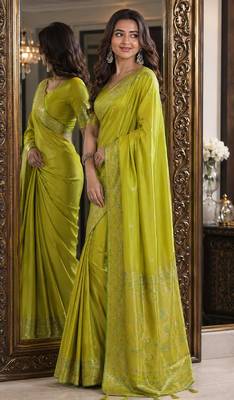 Parrot green soft silk blend banarasi jacuard work festive saree with unstitched blouse piece 4