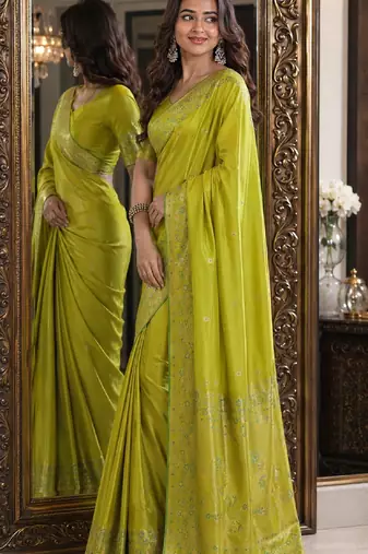 Parrot green soft silk blend banarasi jacuard work festive saree with unstitched blouse piece
