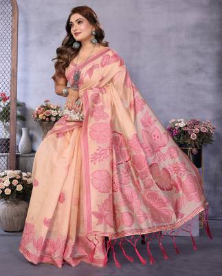 peach color smart spun cotton blend fabric woven designer saree 4