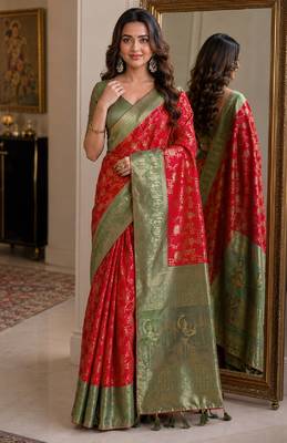 Red soft silk blend banarasi jacuard work festive saree with unstitched blouse piece 1