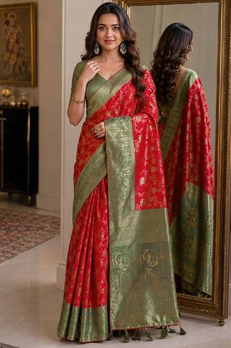 Red soft silk blend banarasi jacuard work festive saree with unstitched blouse piece