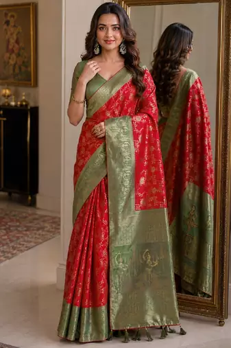 Red soft silk blend banarasi jacuard work festive saree with unstitched blouse piece
