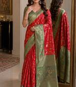 Red soft silk blend banarasi jacuard work festive saree with unstitched blouse piece