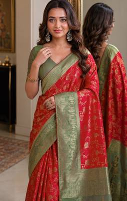 Red soft silk blend banarasi jacuard work festive saree with unstitched blouse piece 2