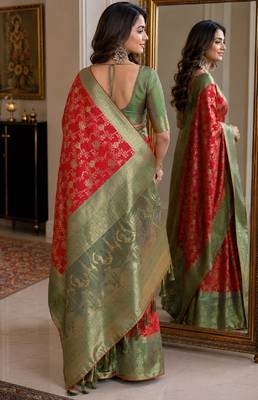 Red soft silk blend banarasi jacuard work festive saree with unstitched blouse piece 3