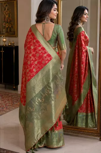 Red soft silk blend banarasi jacuard work festive saree with unstitched blouse piece