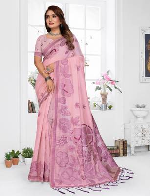 pink color smart spun cotton blend fabric woven designer saree 1