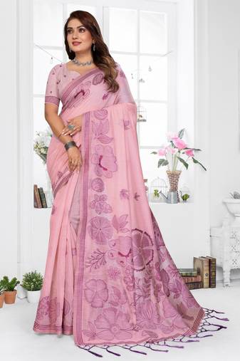 pink color smart spun cotton blend fabric woven designer saree