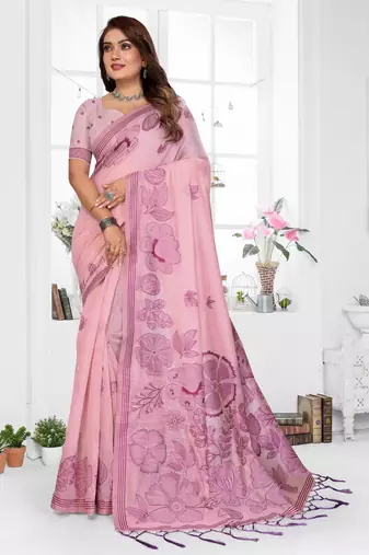 pink color smart spun cotton blend fabric woven designer saree