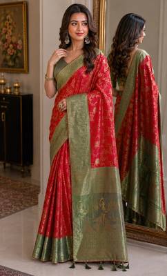 Red soft silk blend banarasi jacuard work festive saree with unstitched blouse piece 4