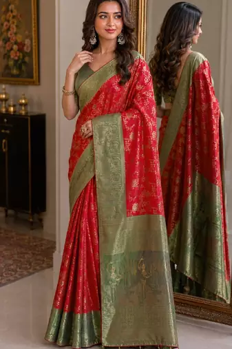 Red soft silk blend banarasi jacuard work festive saree with unstitched blouse piece